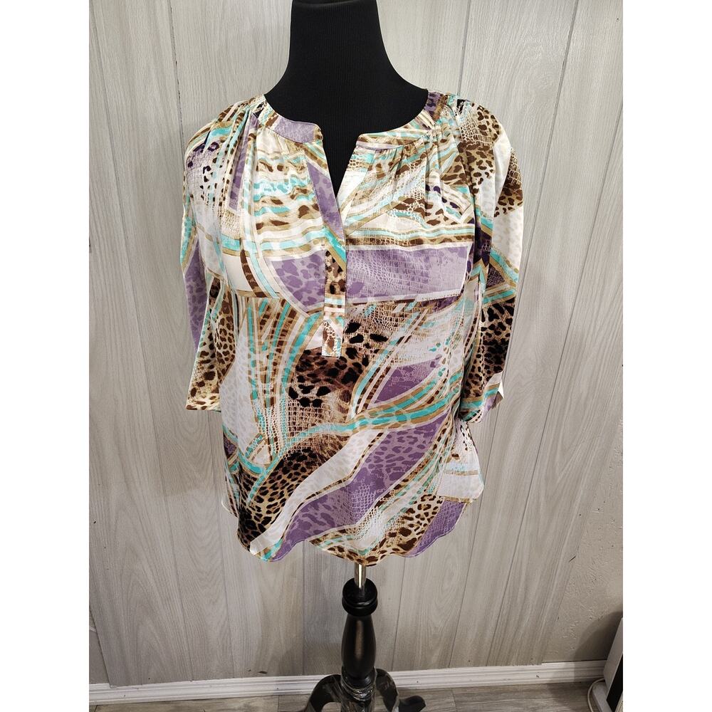 Jennifer Lopez Blouse Short Sleeve Career Colorful Size M Vibrant Abstract